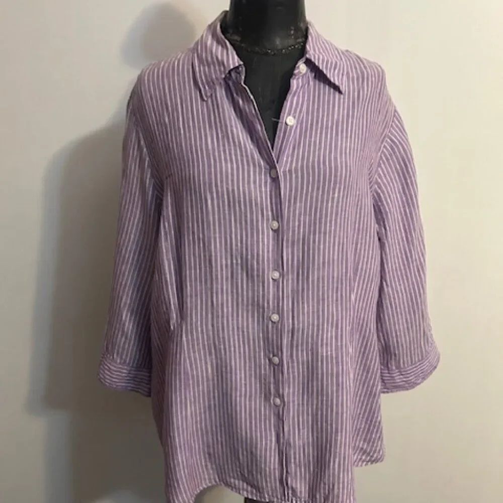 Coldwater Creek Lavendar/White stripe Linen 3/4 sleeves button-down top, size 2X